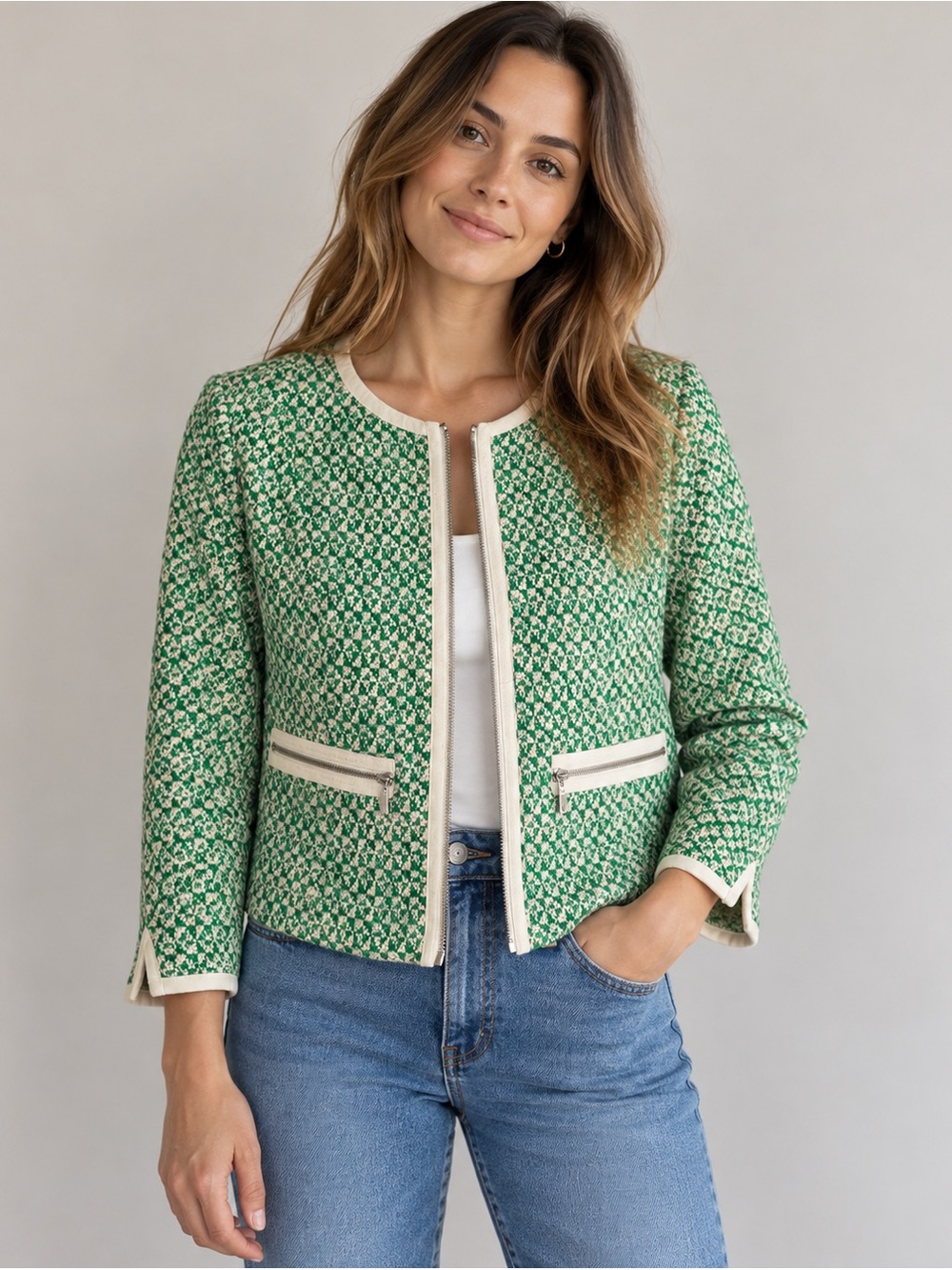 CAbi Clover Tweed Jacket Green Cream Zip Bouclé Size 8